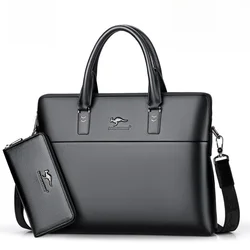 Leather Business Briefcase Large Capacity Men's Handbag Computer Slant Cross Bag Soft Handle OL Style Zipper Closure Shoulder...