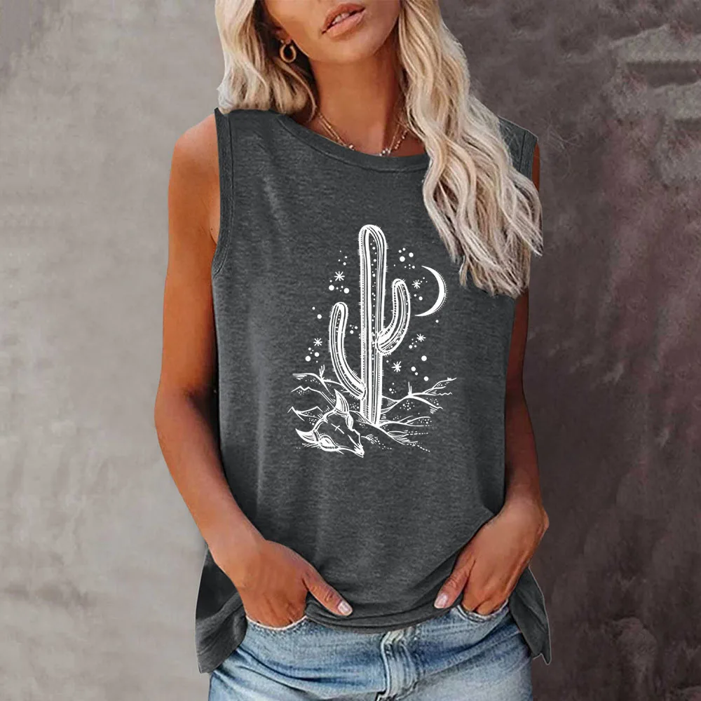 Seeyoushy Cactus Print 2023 New Fashion Vintage Print T-shirt Loose O Neck Sleeveless Womens T-shirt Harajuku 90s Camisetas Tops