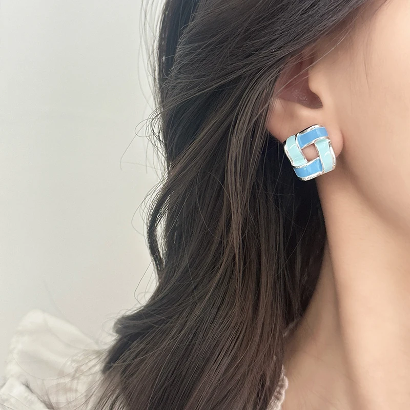 

Tibetan Silver Enamel Hollow Square Stud Earrings for Women Trendy Geometric Fashion Jewelry Personality Accessories