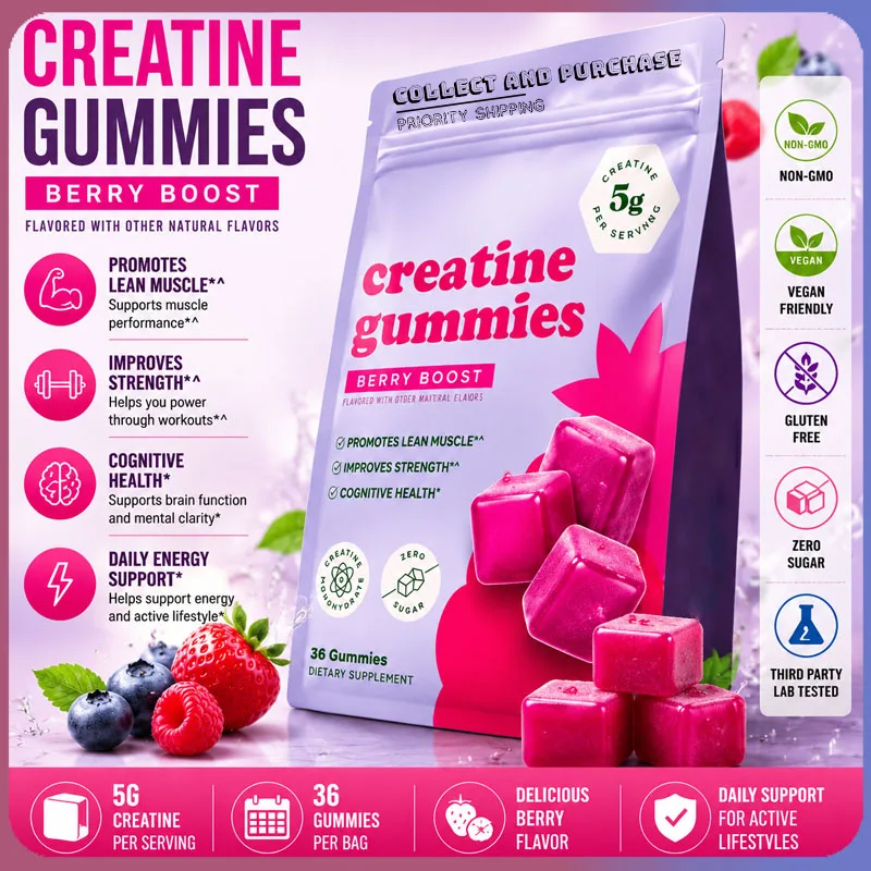 Gomitas de Creatina Monohidrato con Sabor a Bayas, 5g - Sin Azúcar, 36 Unidades, Sin Gluten, Sin OMG, Suplemento Vegetariano para Fitness y Belleza