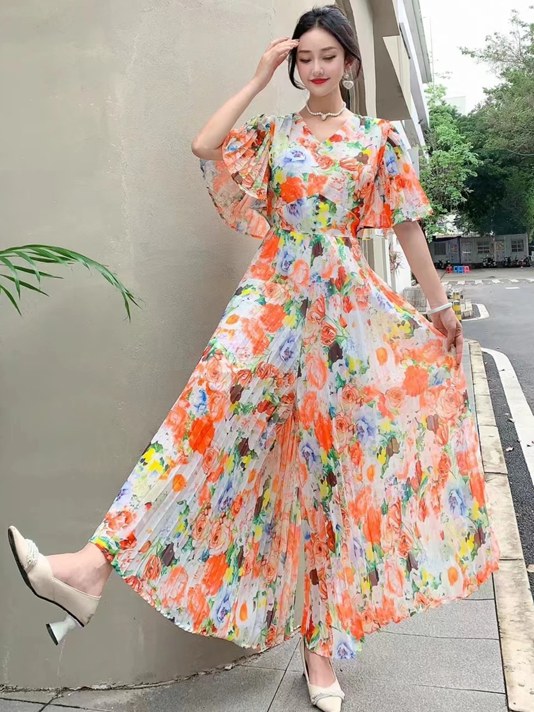 2024 New Summer Women V-Neck Speaker Sleeve Slim Jumpsuit Sweet Gorgeous Floral Pleated Wide Leg Long Pants Jumpsuits 5 Colors