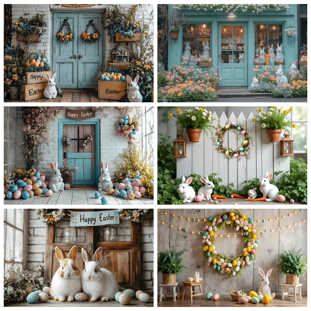 Happy Easter Backdrop Photography Spring Brick Wall Wooden Door Flower Eggs Rabbit Baby Shower Kids Artistic Portrait Background