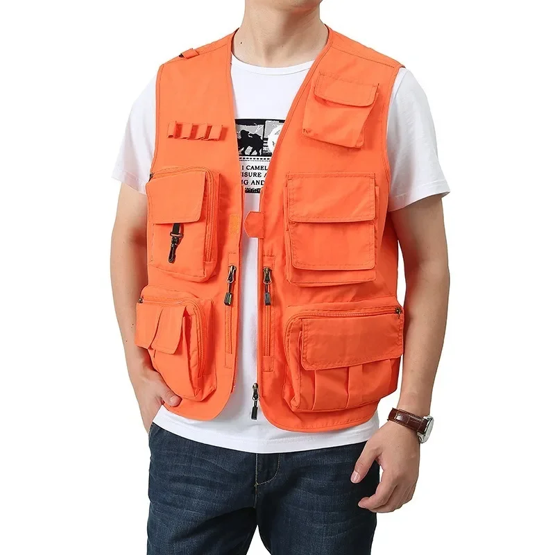 Hunting Vest Fishing Clothing Knit Tactical Men Multi-pockets Sleeveless Jacket Leather Vests Biker Embroidered Sports MAN Work