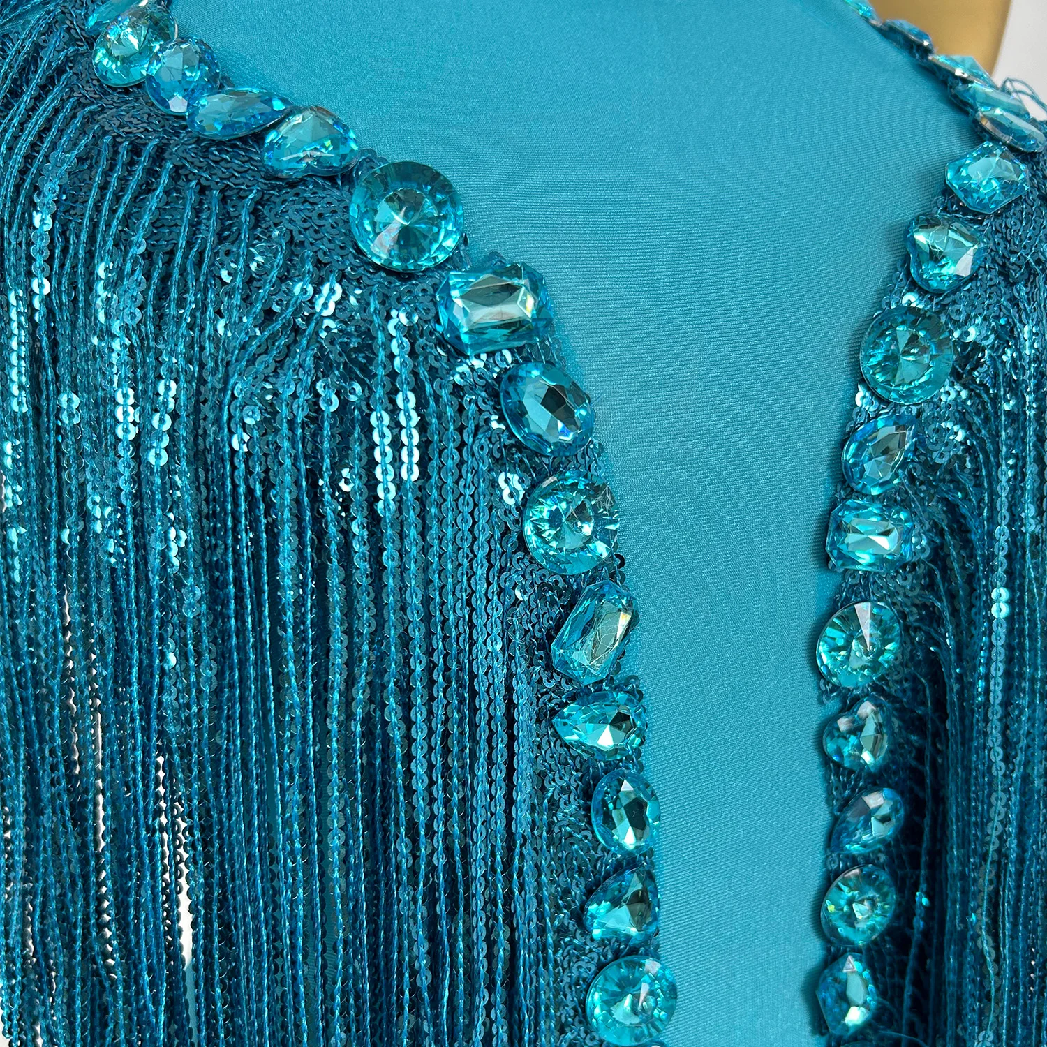 Shuye Lake Blue Fringed Latin Dance Talent Performance Suit Female Group Backing Dance Leotard Nightclub Performance Jumpsuit