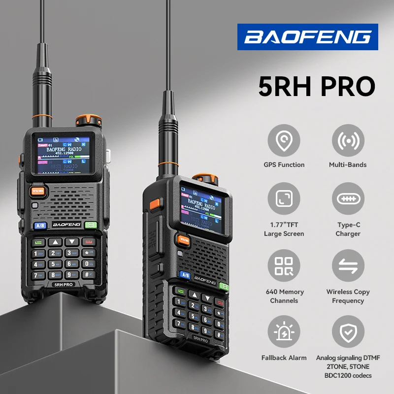 トランシーバーBaofeng-UV-5RHプロ,GPS, 6バンド,AM, FM,ワイヤレスコピー周波数,640ch,タイプC,フォールバックアラーム,長距離,双方向アマチュア無線