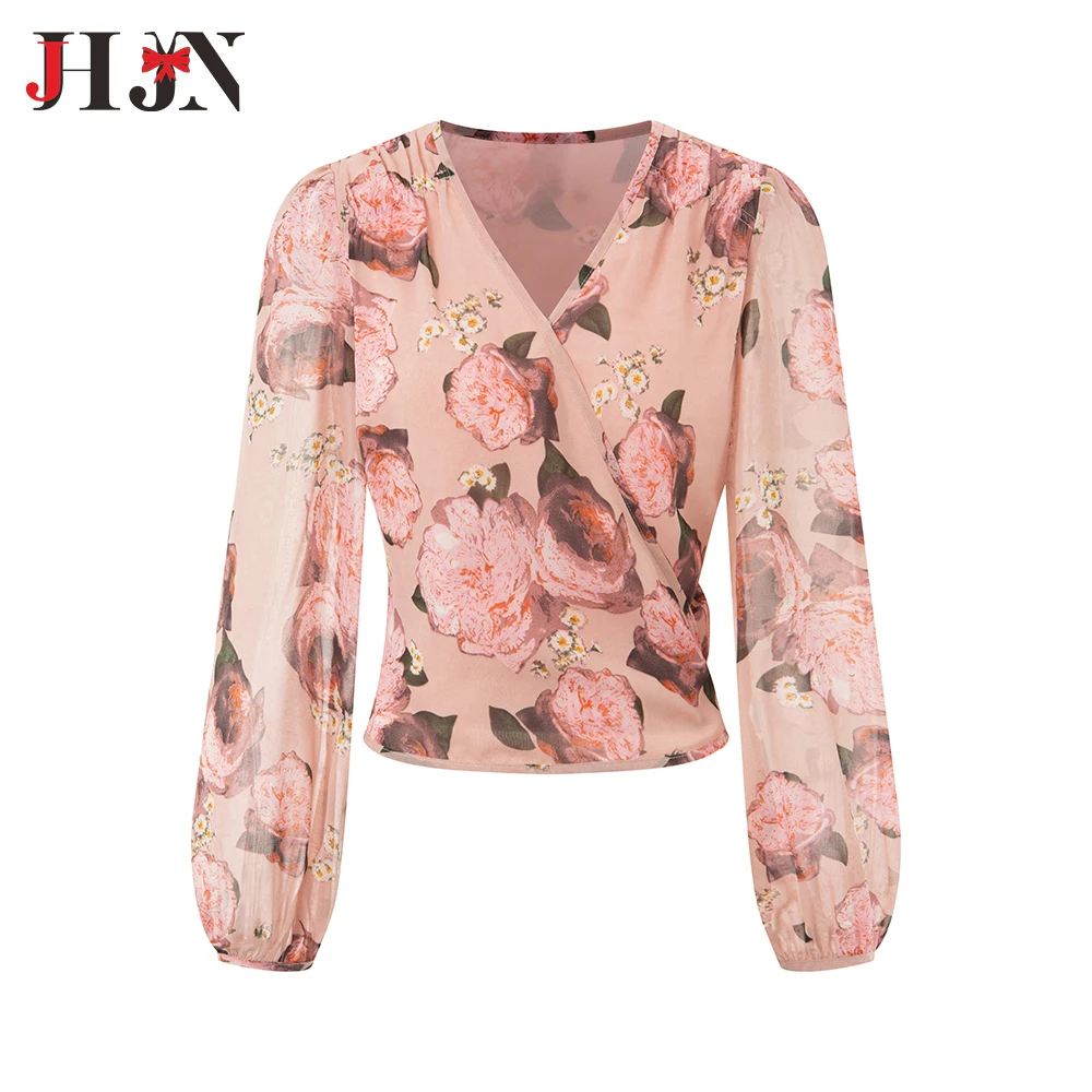 JHJN Beach Style Woman Blouse Pink Rose Print Shirt Long Sleeves V-Neck Tops Folds Lace-Up Blouses Female T-Shirt Single Button