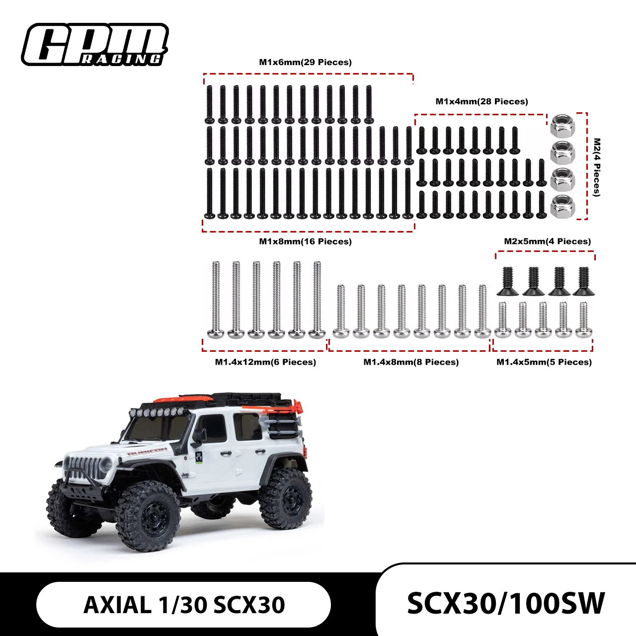 Juego de tornillos de acero GPM Axial Scx30 (100 piezas) para AXIAL 1/30 SCX30 Ford Bronco 4X4 RTR