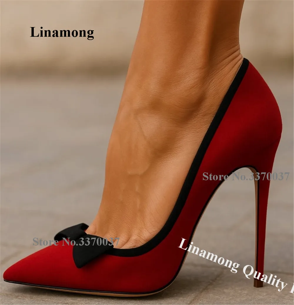 

Linamong Newest Bowknots Decorated Stiletto Heel Pumps Pointed Toe Red Beige Suede Slip-on Thin Heel 12cm High Heels