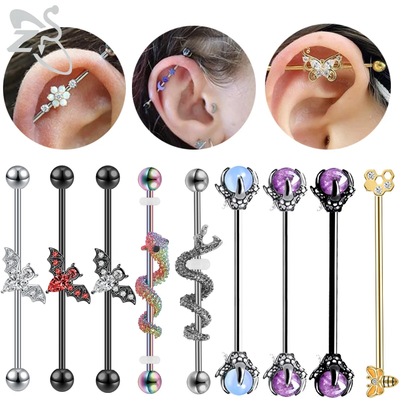 ZS-anillo de acero inoxidable 316L para hombre y mujer, Piercing largo con forma de murciélago, dragón, abeja, 14g, para oreja, Tragus, hélice, Concha, 1 unidad