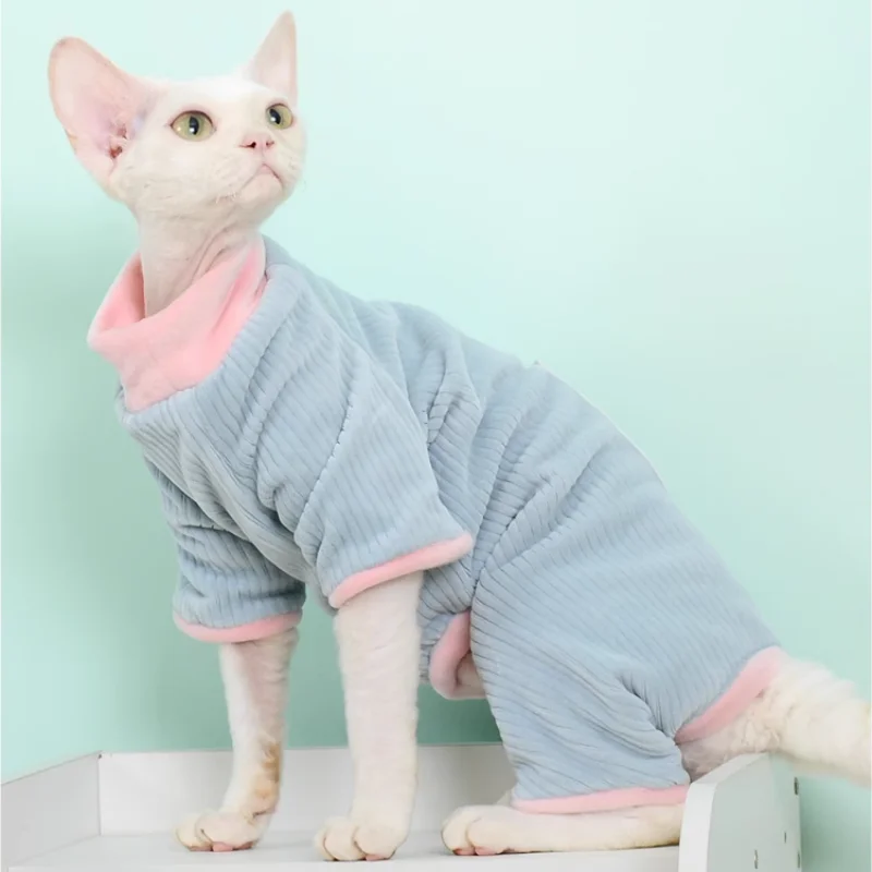 Sphynx Cat Clothes Soft Green Striped 4-legged Jumsuit For Kittnes Dogs OverSize Coat for Kittens in Spring Loungewear for Devon