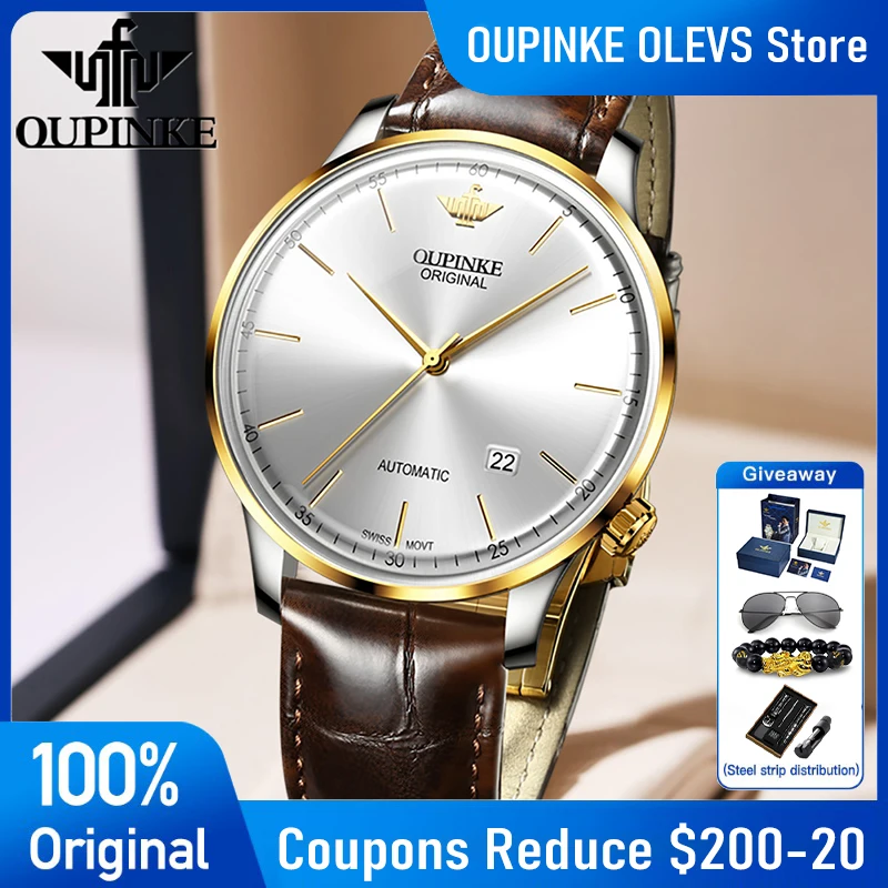 

OUPINKE 3269 Mens Watch Automatic Swiss Movement Mechanical Watch 50M Waterproof Leather Strap Date Watches Luxury Box Gifts