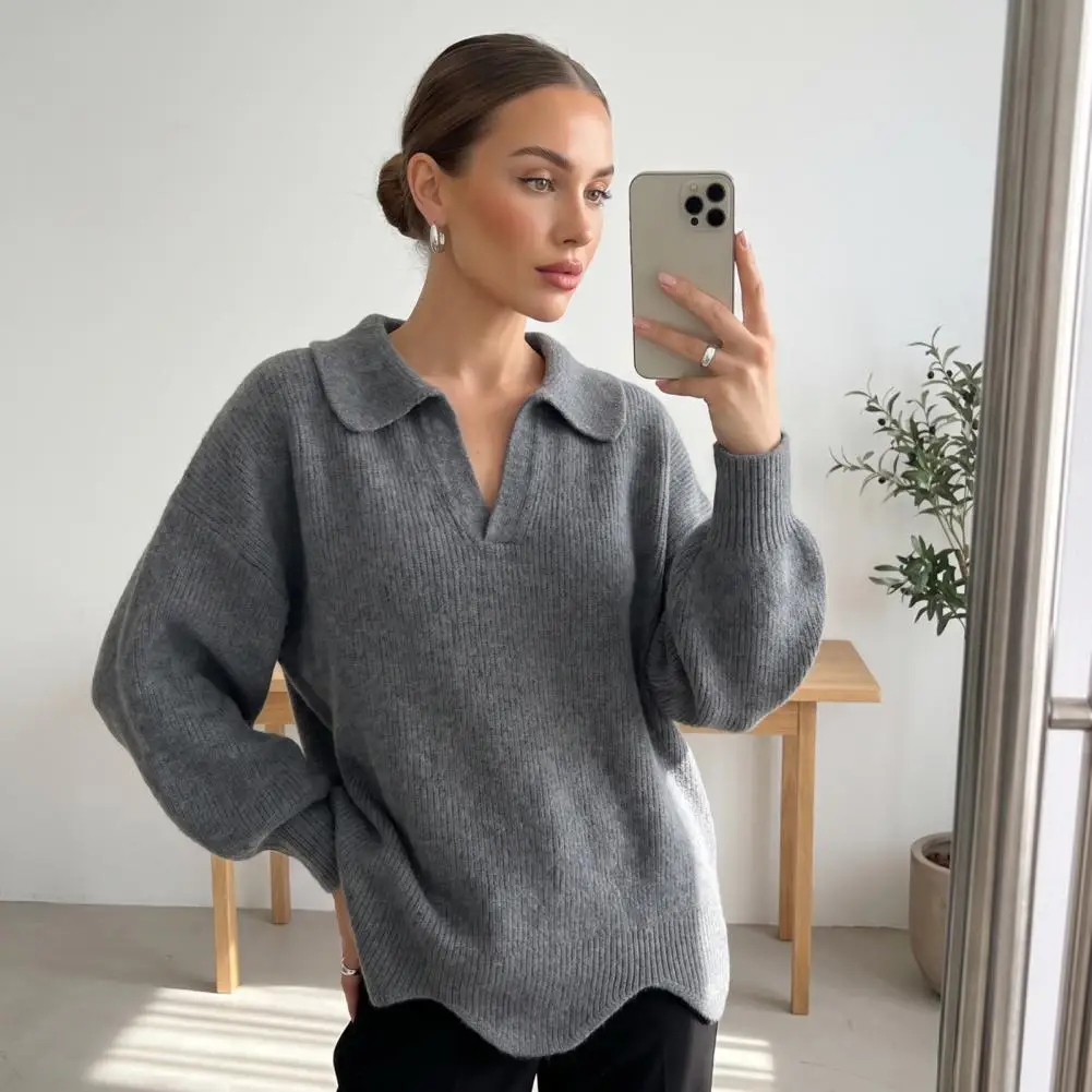 Sculptural Neckline Blouse Oversized Tops Autumn Winter Knitted Sweater Women’s Lapel V-neck Pullover Solid Color Loose Fit