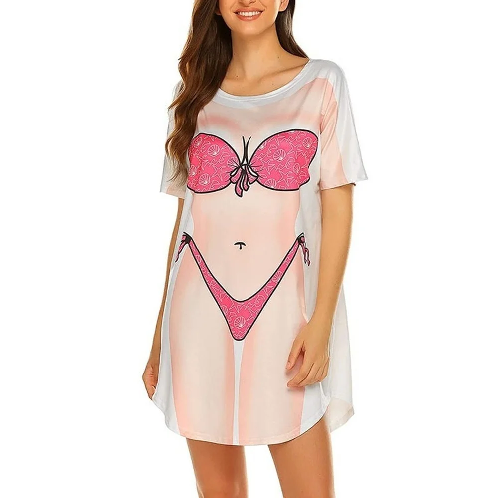 Camiseta de manga corta para mujer, ropa de baño Sexy con estampado de Bikini rosa, holgada, divertida, 2022