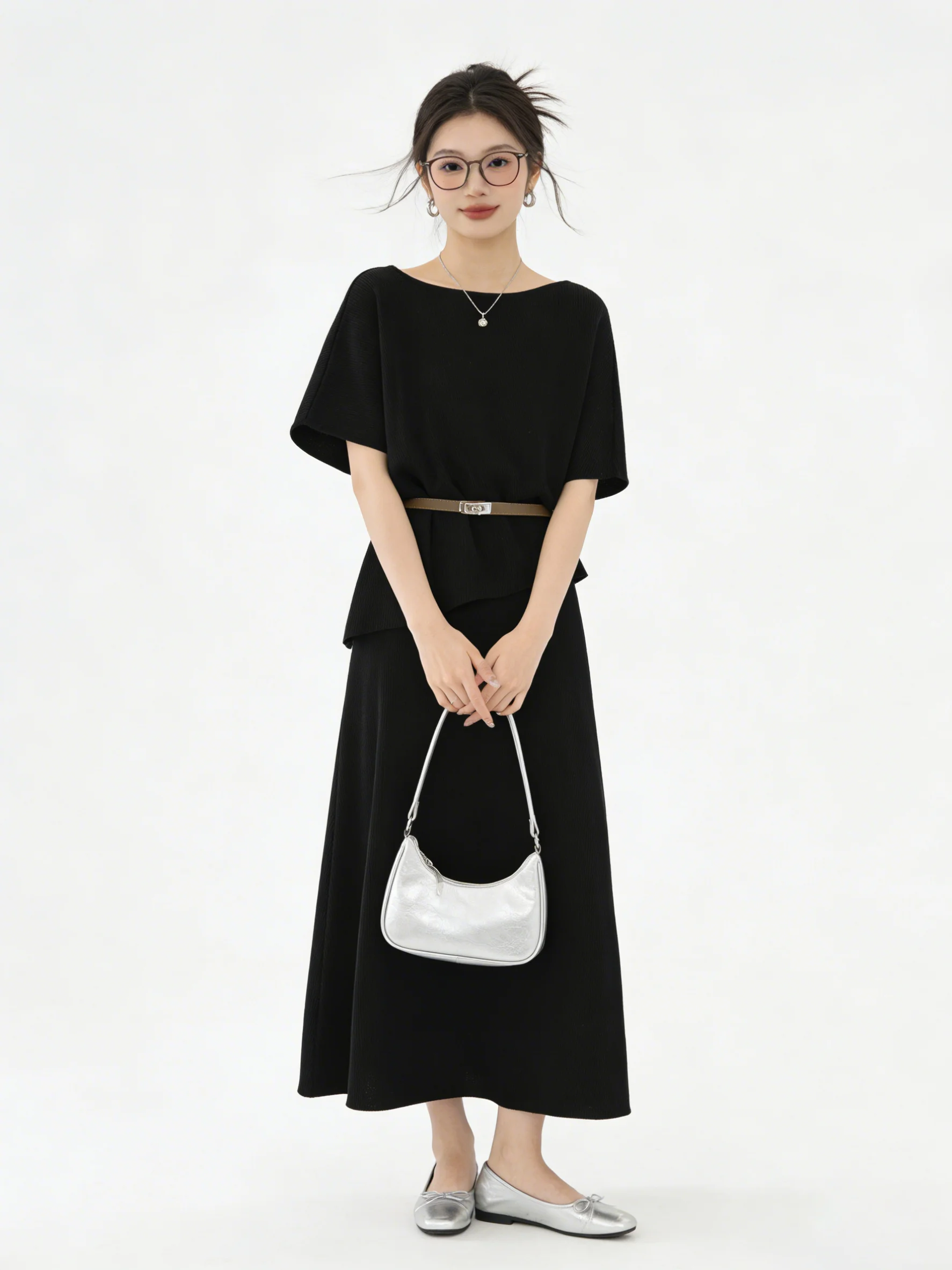 

Black Korean Style Simple Two-Piece Batwing Sleeve Skin-friendly Slimming Drapey Set Half Skirt Breathable Casual Fashion
