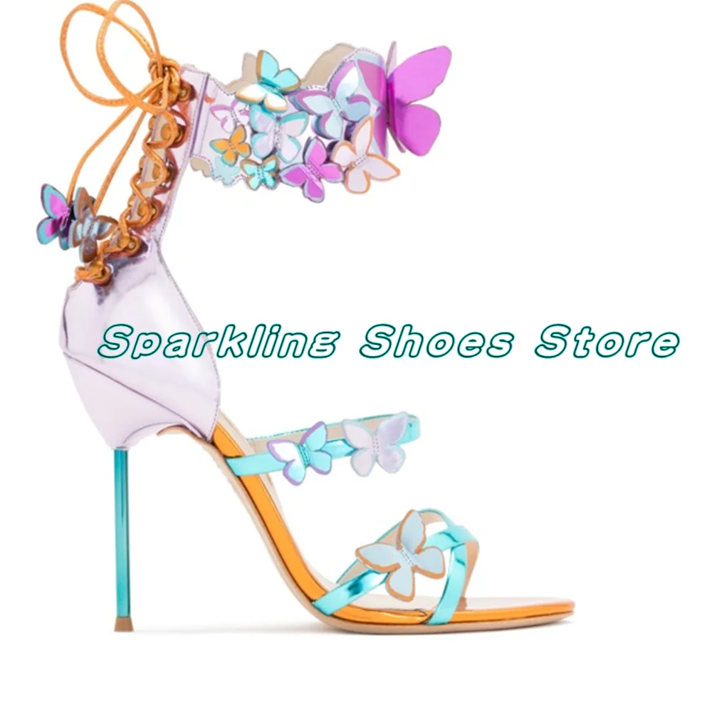 

Colorful Butterfly Stiletto Sandals Open Toe Bow Decoration Narrow Band Summer Ladies Fashion Ankle Buckle Strap Cover Heel