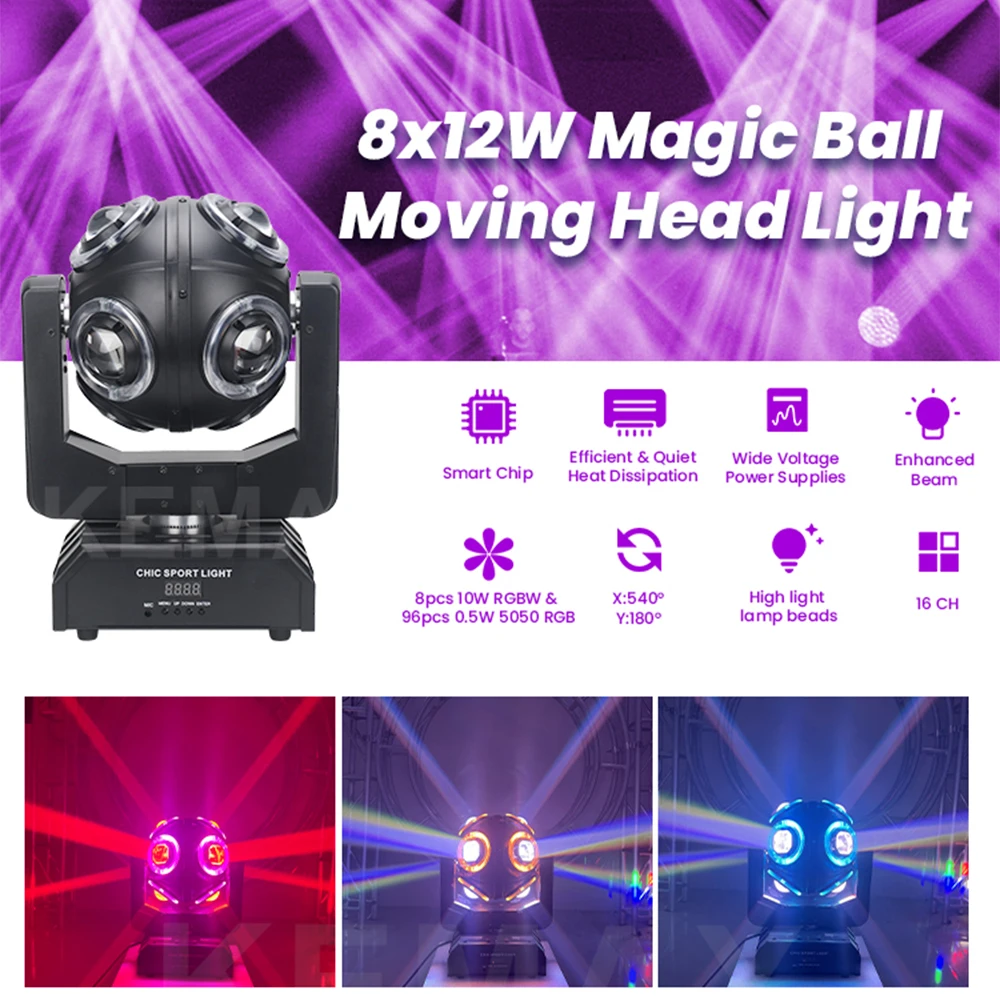 Ruchome głowice DJ 8X12W DMX512 150W Światło dyskotekowe RGBW Magic Ball LED Beam Mobilne oświetlenie sceniczne na wesele i Boże Narodzenie