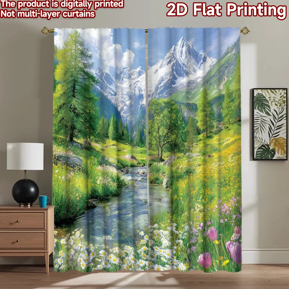 2D flat printing 2pcs Window Curtains Alpine Meadow Stream Daisies Mountains Digital Printed Polyester Drapes Birthday Party for