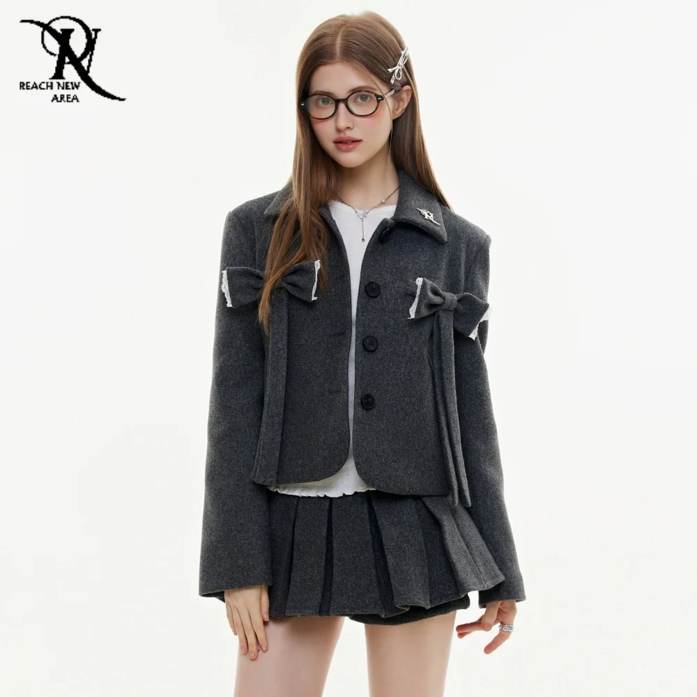 

Женский костюм с юбкой, модные элегантные женские комплекты с лацканами, серая куртка с длинными рукавами и бантом, короткая юбка, комплект женской одежды