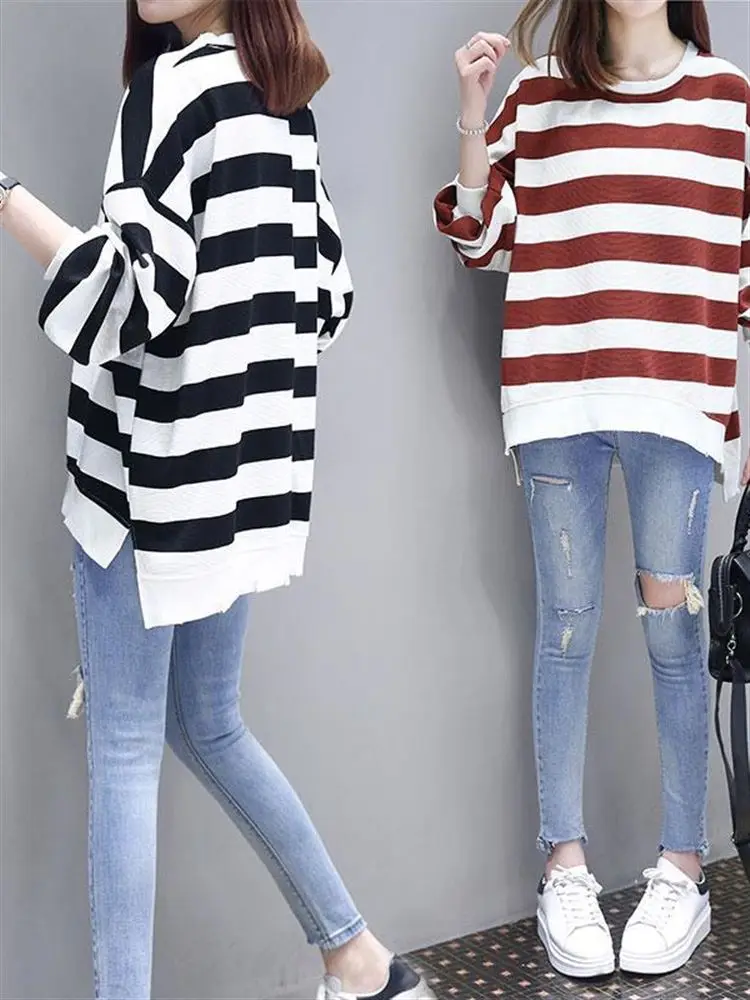 Women's Long Sleeve Fleece Lined Loose Fit Thin T-Shirt Korean Style round Neck Printed Sweatshirt Spring Autumn Versatile Top