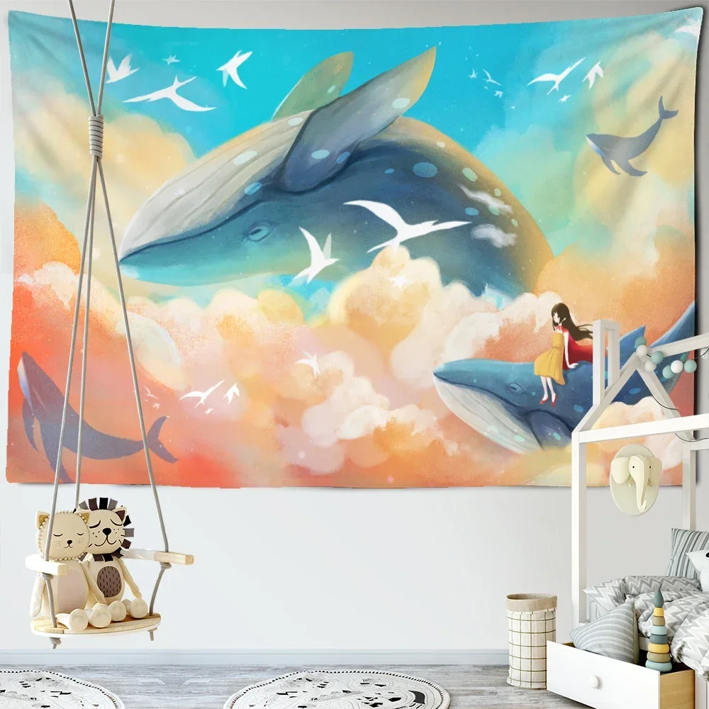 Japanese Whale Illustration Tapestry Wall Hanging Girl Sea Dragon Fish Bohemian Hippie Kawaii Carpet Children's Room Decor