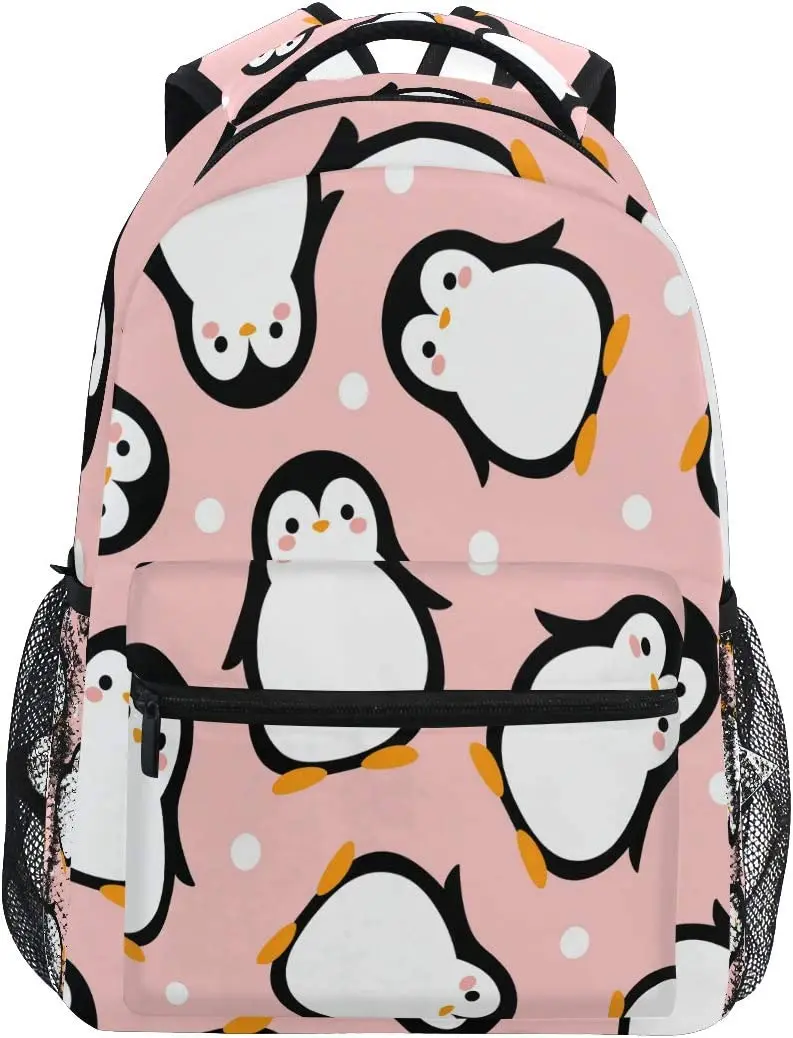 Cute Penguin Backpack for Boys Girls Kids Cartoon Pink Sea Animals Dots Student Bookbag School Bag Travel Daypack Shoulder Bag