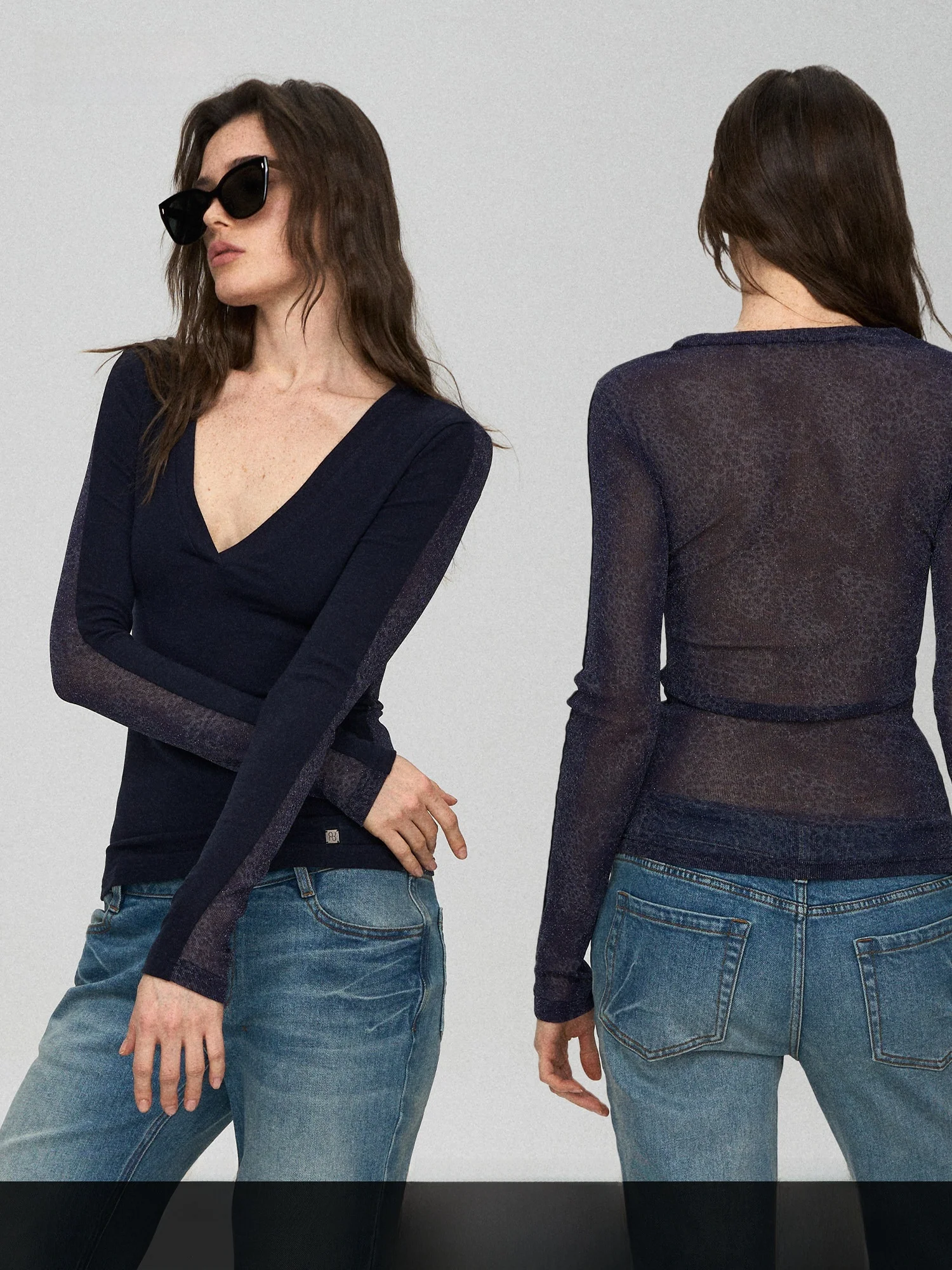

Slim Fit Long Sleeve V-Neck T-Shirt Wool Lace Back Splicing Shiny Women's Casual Style Fashionable Top Regular Length