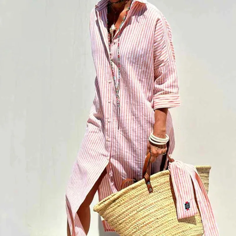 SKMY 2025 Spring Women Clothing Fashion New Striped Single-Breasted Cardigan Three-Quarter Sleeve Turn-Down Collar Shirt Dress