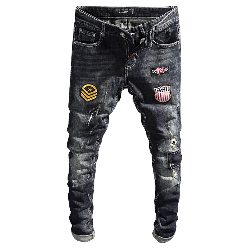 Street Fashion Men Jeans Retro Black Blue Stretch Slim Fit Ripped Jeans Men Patches Designer Hip Hop Vintage Denim Pants Hombre