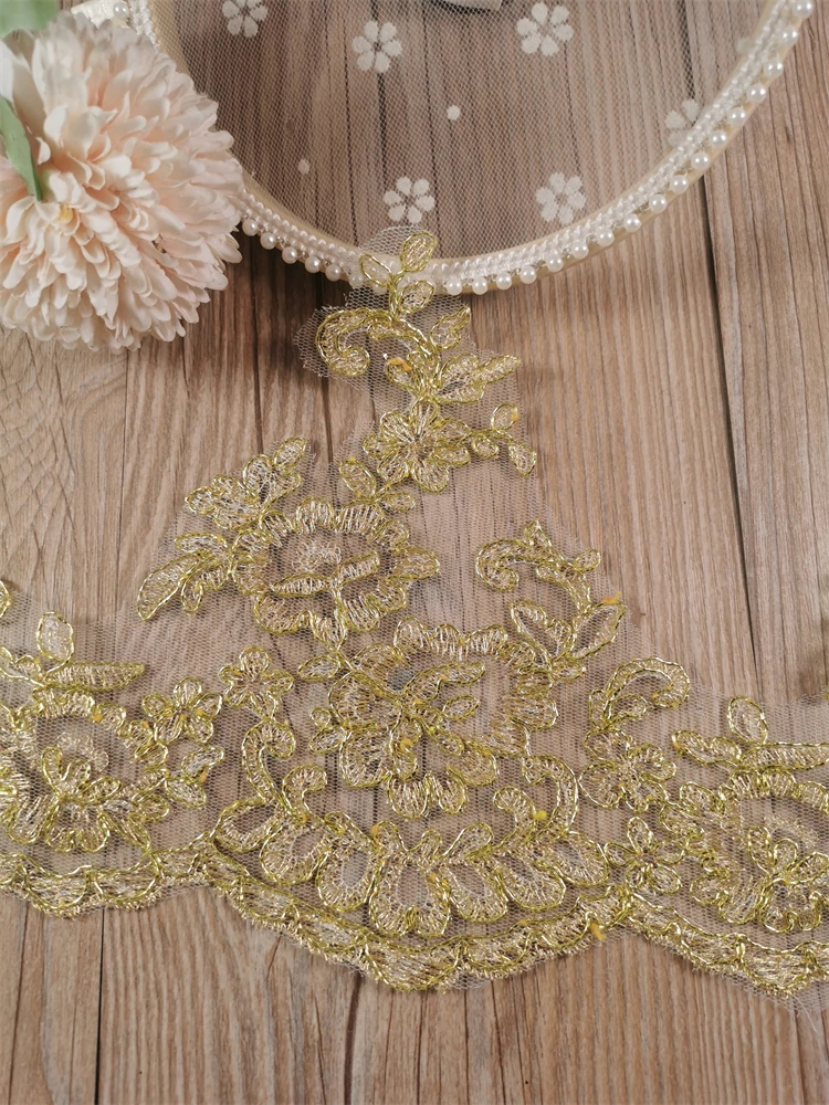 1 Yard 17cm wide Gold Silver Polyester Embroidery Lace Trim for Bridal Wedding Gown Costume Design Lace Ribbon