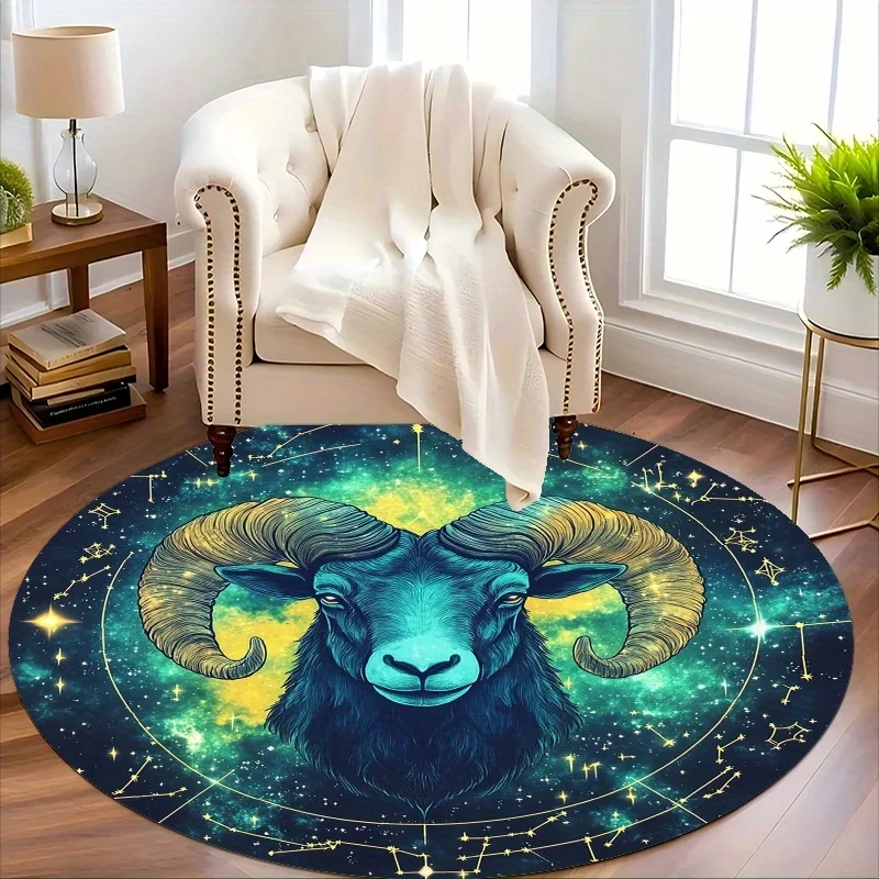 

1pc Aries Zodiac Floor Mat - Non-Slip Machine Washable Mat with Aries Ram Head & for Galaxy Design in Blue, Golden, Black