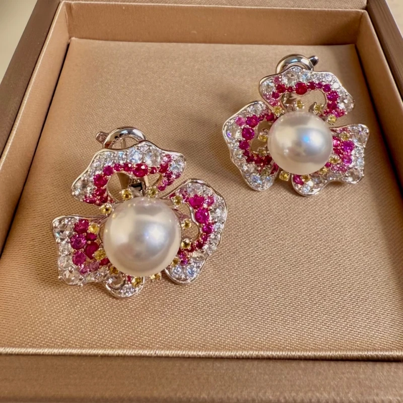 Bellux 925 Sterling Silver Plated 18K Real Gold High Carbon Diamond 10mm White Shell Pearl Romantic Flower Pink Earrings