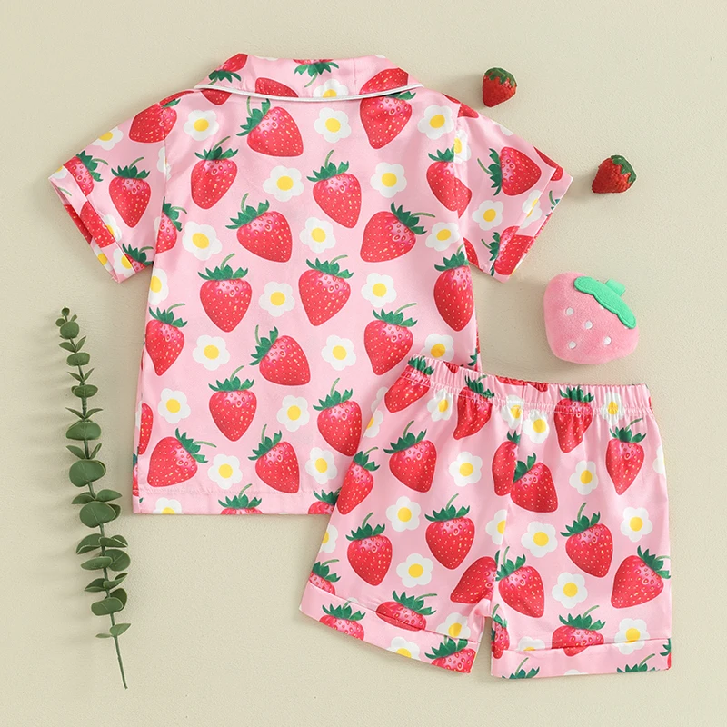 Kids Girls Summer Pajama Sets Short Sleeve Lapel Shirt Strawberry Print Shorts 2 Pieces Sleepwear for 1 Years to 7 Years