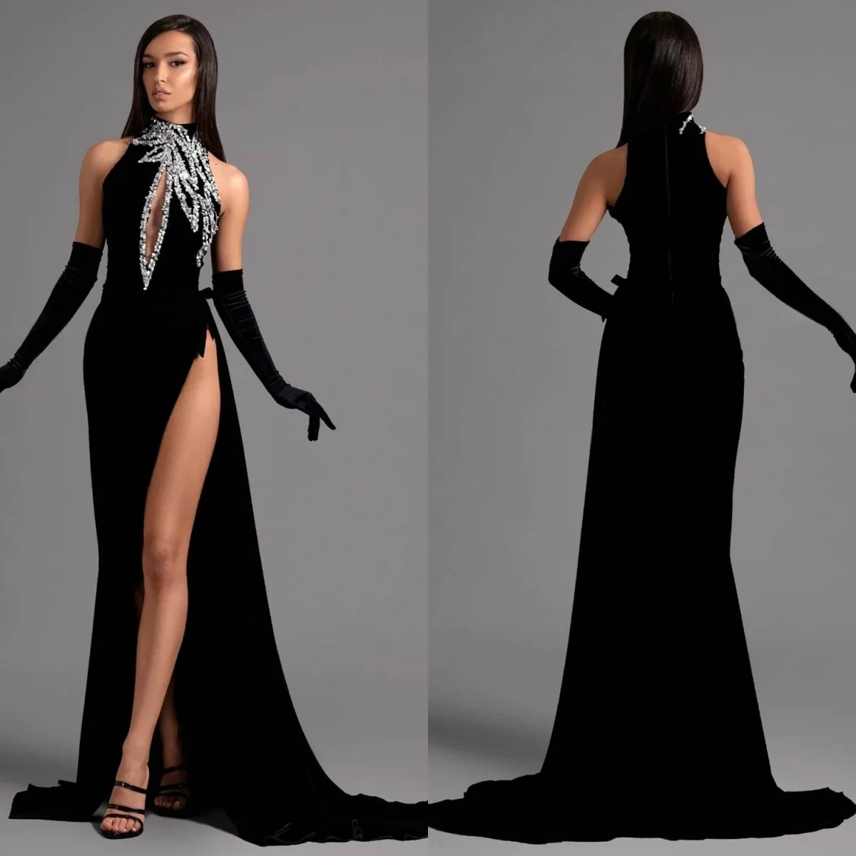 Vestido de noche de terciopelo negro personalizado, elegante, cuello redondo, manga desmontable, media manga, vestido de graduación con cremallera en la espalda, vestidos de celebridades