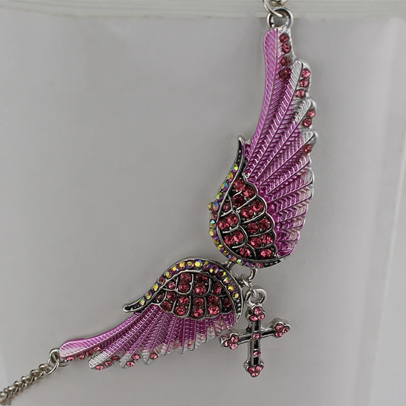 Fashion Blue White Pink Charm Crystal Angel Wings Cross Pendant Necklace Shellhard Vintage Jewelry For Women Bridal Wedding Gift