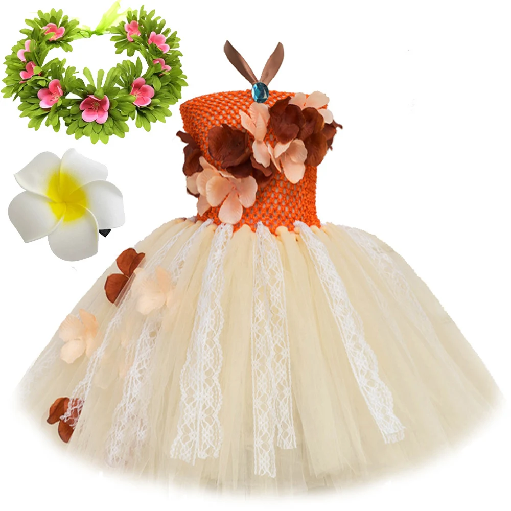 

Moanna Princess Dresses for Girls Christmas Holiday Costumes Kids Halloween Tutus Children New Years Clothes with Flower Ring