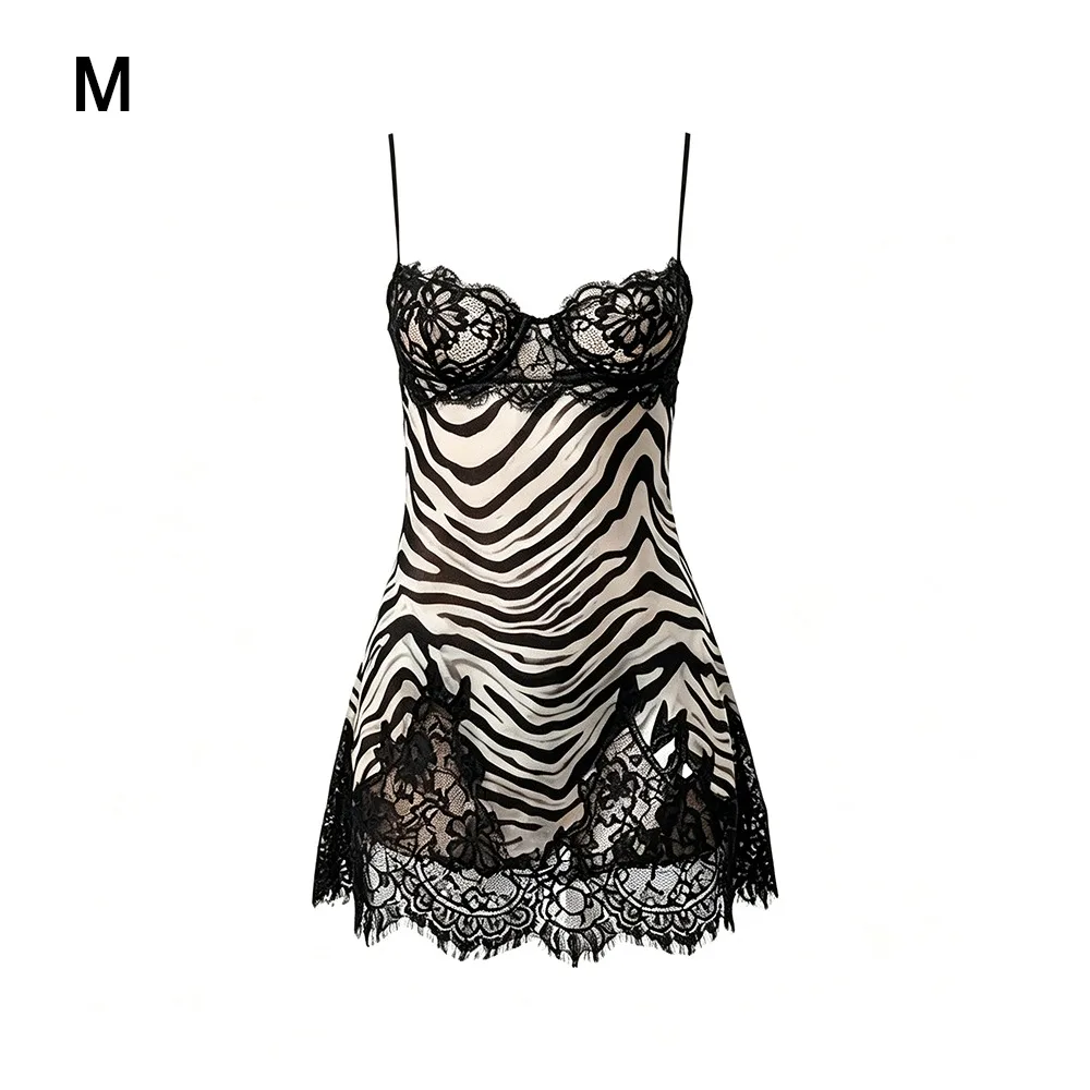 Backless Design Zebra Print Dress Deep V Neck Sheer Fabric Lace Cami Dress Lace Trim Spaghetti Strap Spaghetti Strap Dress