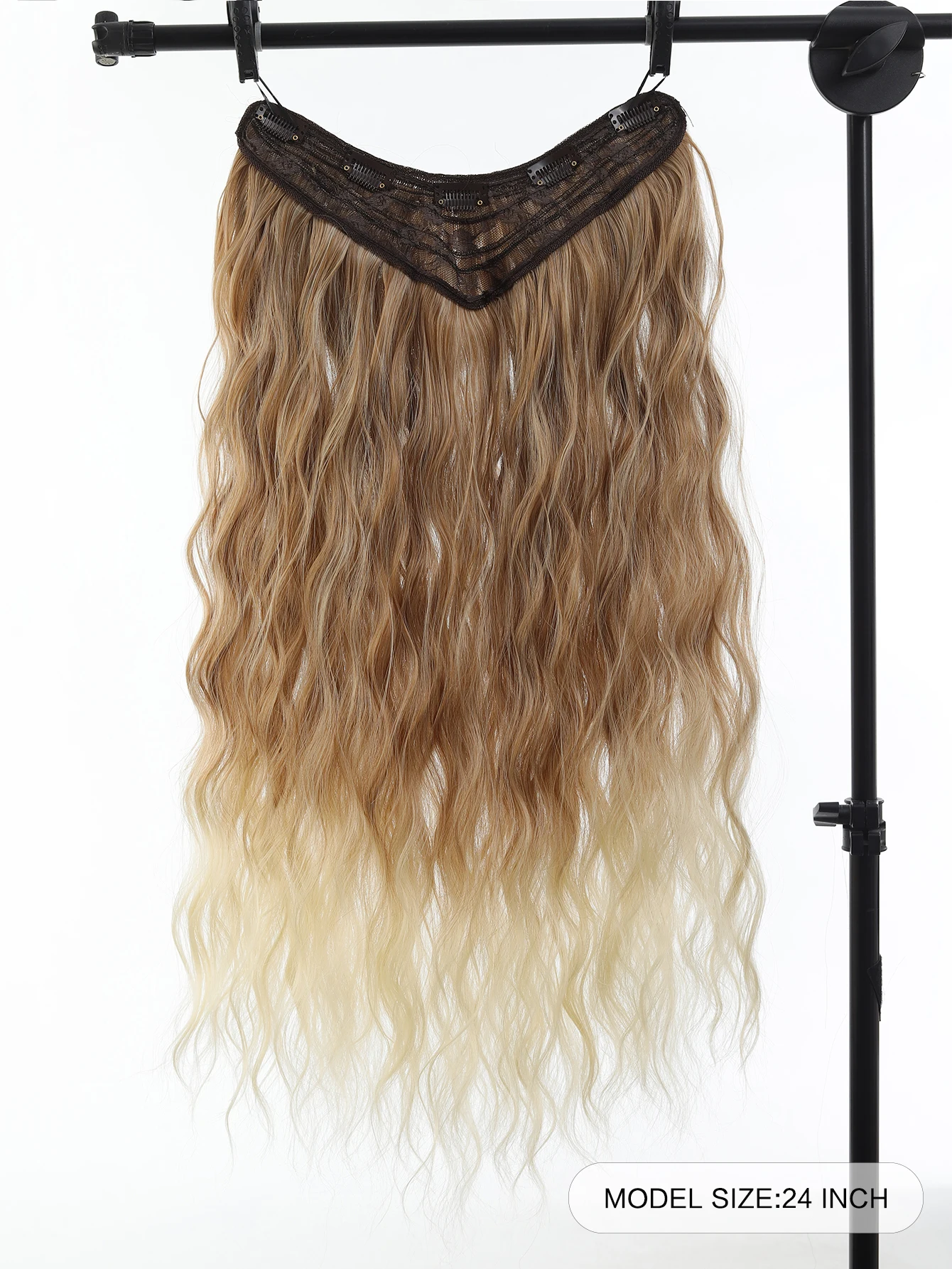 Synthetic Hairpiece 24 Inch Long Water Wave Wavy Clip In Hair Extensions V-Shaped Ombre Heat Resistant Fiber For Women Girls
