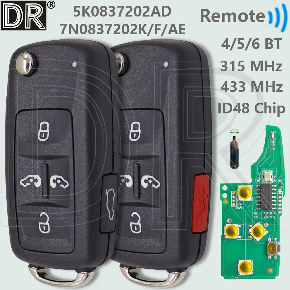 

Чип DR ID48 315/433 МГц 5K0837202AD/AE 7N0837202K/F/AE, автомобильный дистанционный ключ для VW Volkswagen Caravelle Multivan T5 Sharan 2009-2015