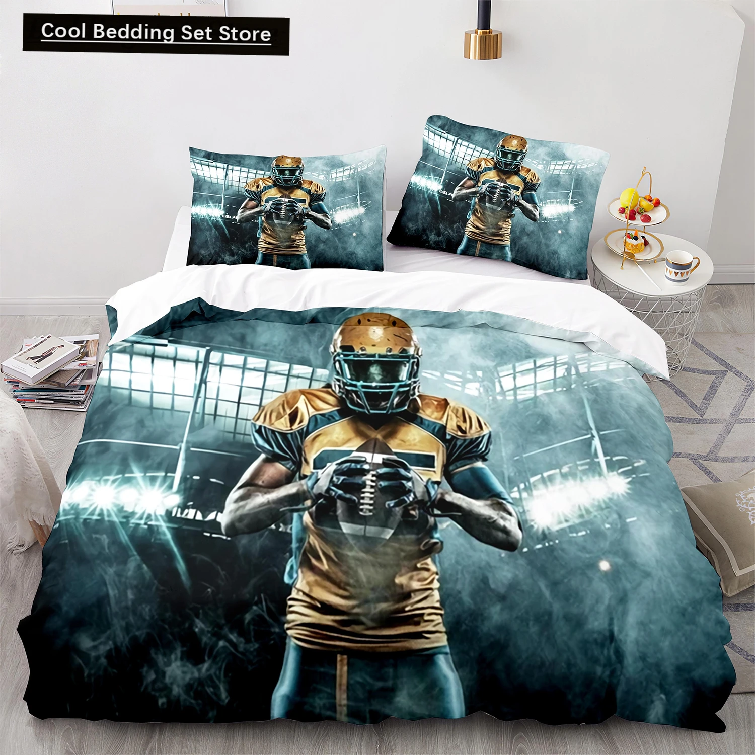 American Football King Queen Duvet Cover Rugby Player Pattern Bedding Set for Kids Teens Adults Ball Sport Polyester Quilt Cover