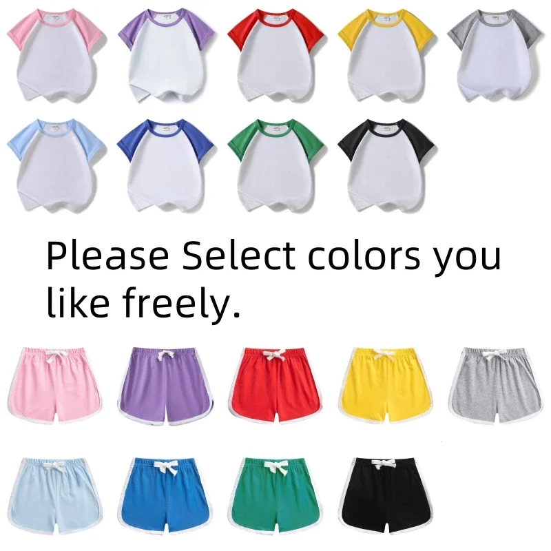 Children's Short Sleeve Patchwork T-shirt + Striped Shorts Boys Girls' Set Summer Sports Two-piece Blank DIY Custom LOGO Image