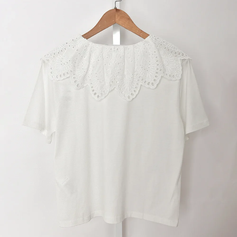 Clearance Price Women White T-shirt Embroidery Hollow out Peter pan Collar Sweet Short Sleeve Female Cotton Tees