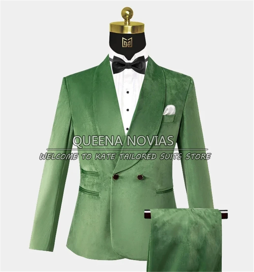 

Arm Green Wedding Suits For Men Slim Fit Double Breasted Coat Pant Last Design Velvet Bridegrooms Tuxedo 3 Pieces Custom Made