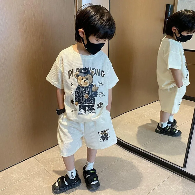 1-12 Year old Kids Boys Korean Style T-shirt+Shorts 2-piece Clothes Sets Fashion Handsome Cartoon Bear Summer Casual Sports Suit