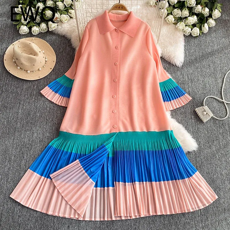 

EWQ Fashion Pleated Ruffle Patchwork Dress For Women Elegant Contrast Color Long Sleeves Loose Button Dresses 2024 New 27X247