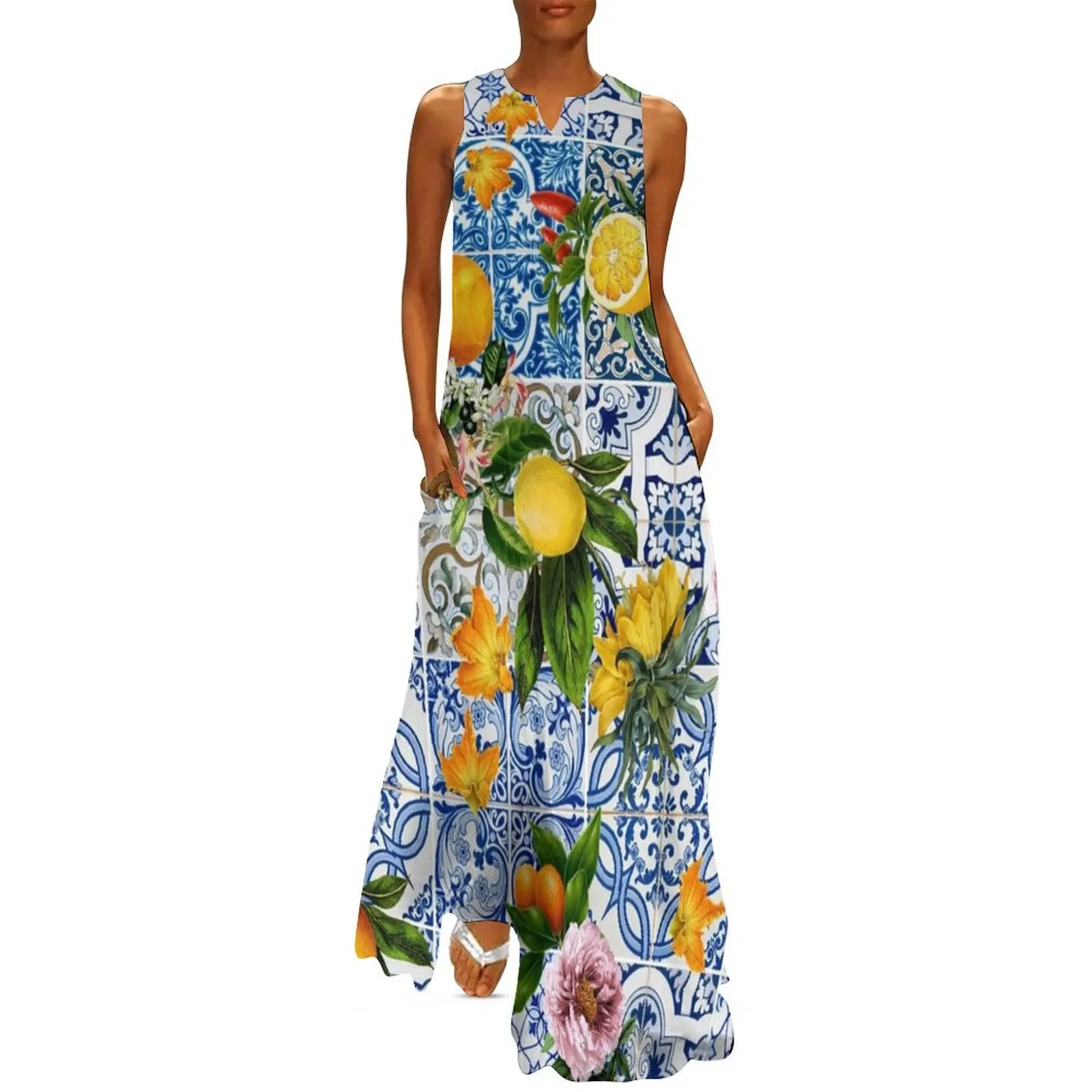 

Sicilian vintage blue tiles pattern with lemon and flowers Long Dress Long dresses elegant guest wedding dress