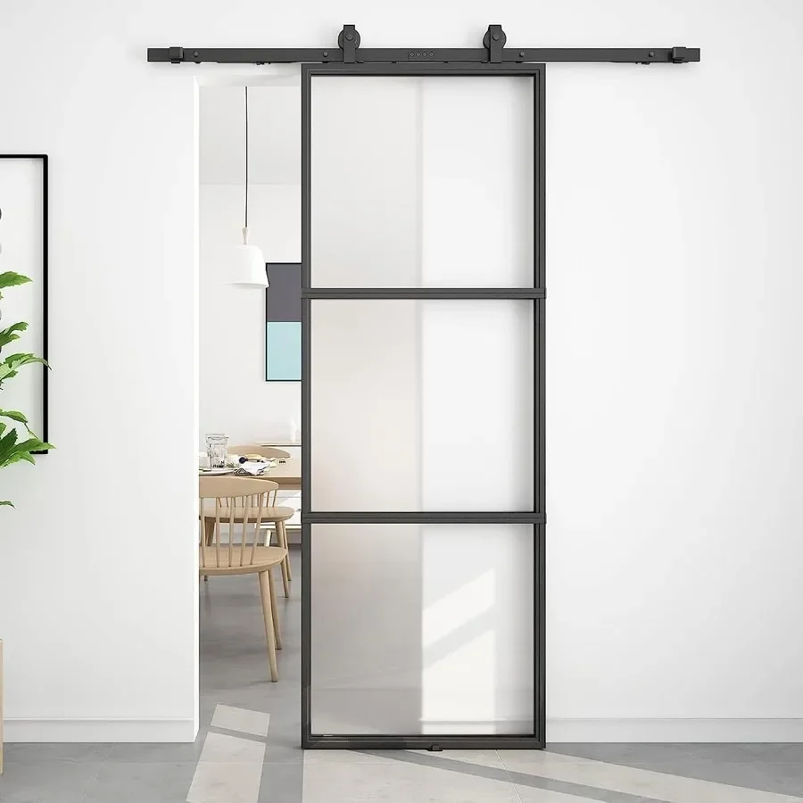 30in x 84in Frosted Glass Barn Door 5FT Top Mounted Hardware Kit Include Soft Close Mechanism Black Carbon Steel Tempered  Door