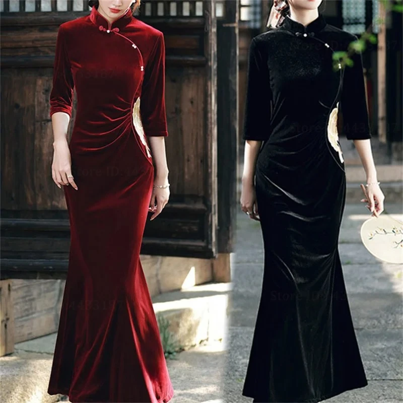 

Autumn Winter Velvet Qipao Chinese Long Dress Plus Size Traditional Chinese Cheongsam Sexy Slim Mermaid Maxi Dress Vestidos