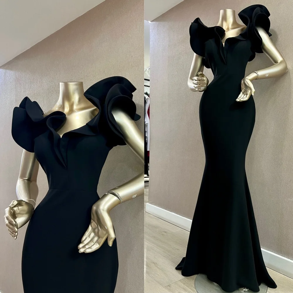 Personalizado requintado com decote em v ruched sem mangas vestido de noite temperamento preto sereia jérsei vestidos de baile clássicos vestidos de festa