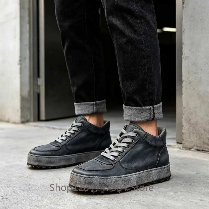 New Retro European American Trendy Casual Board Shoes Men Middle Top Casual Genuine Leather Thick Sole Sport Shoes Male Youth