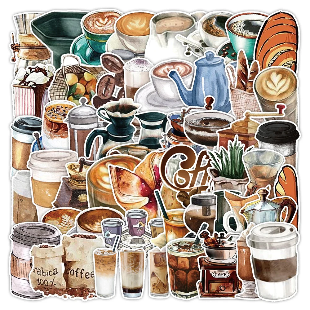 10/30/50pcs Retro Coffee Theme Graffiti Stickers Vintage Cartoon Aesthetic Decals Scrapbook Guitar Luggage Laptop Sticker Decor